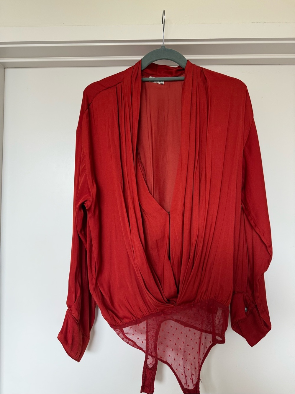 Free People Red Draped Long-Sleeve Bodysuit Blouse